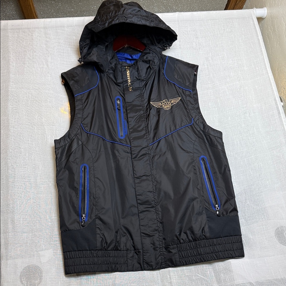 Men's Black and Blue Hooded Vest with Wing Logo